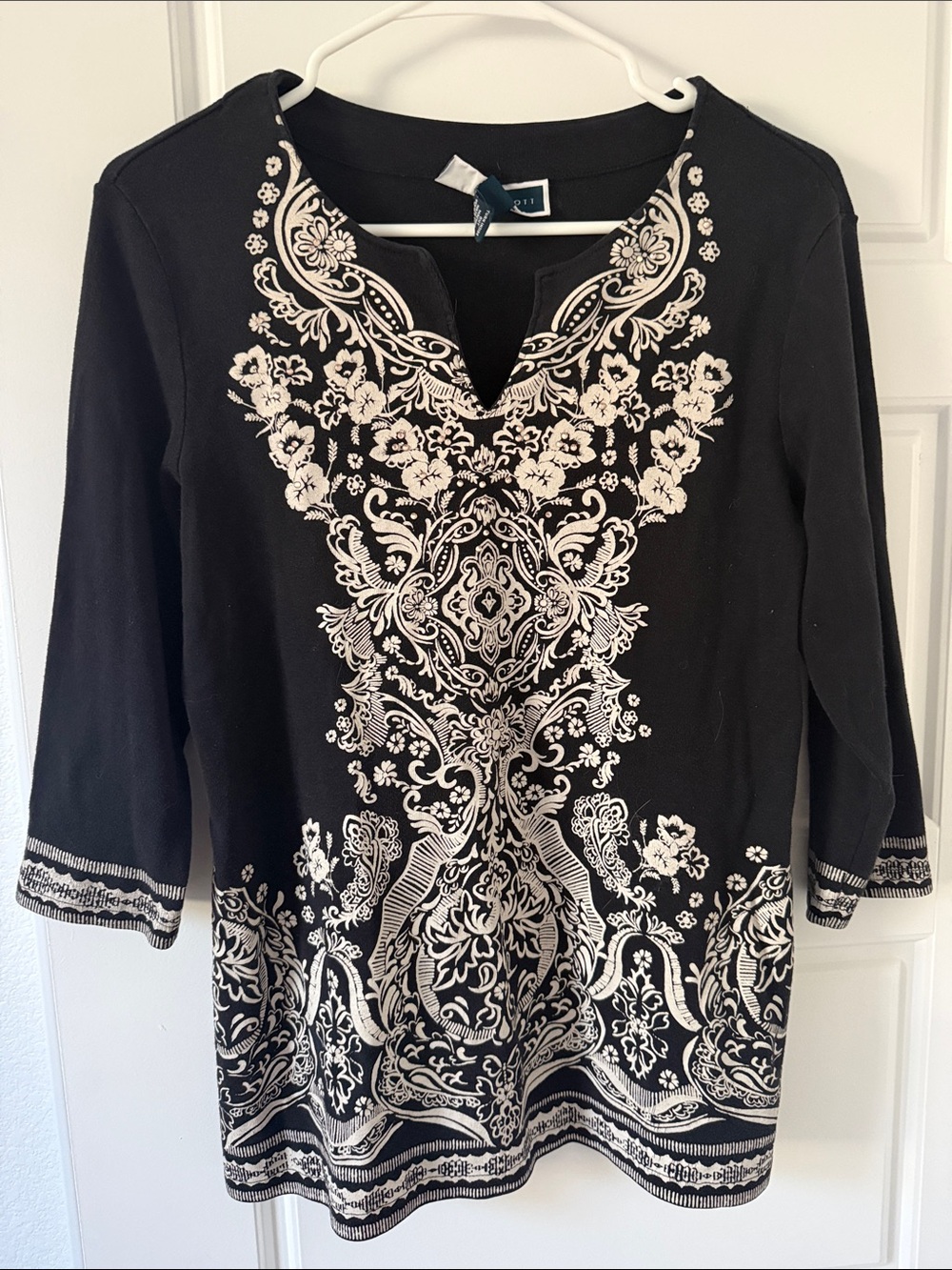 Karen Scott Black Tunic with Cream Embroidered Motif